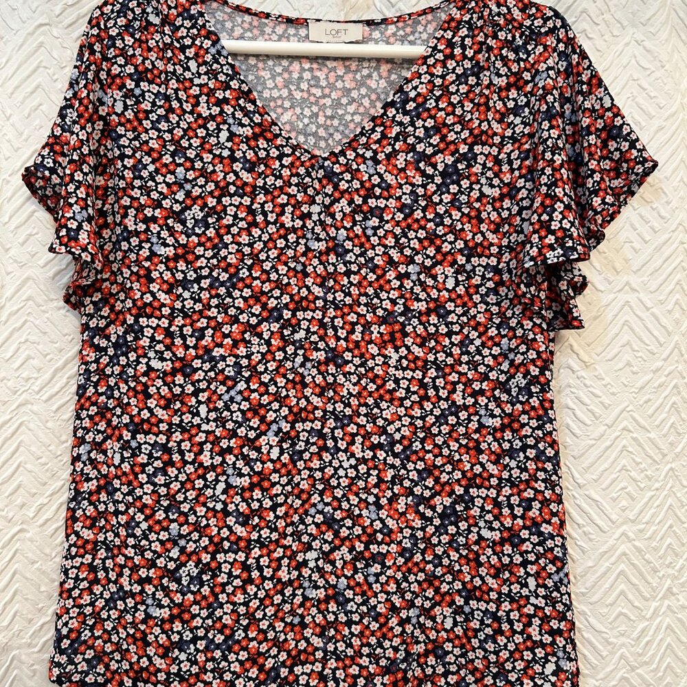 Loft Outlet Navy & Red Floral Print Flutter Sleeve V-Neck Blouse Women's Size M